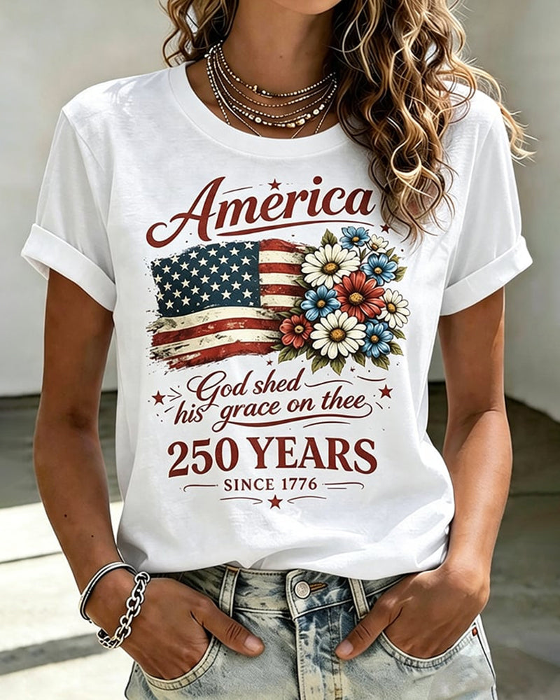 100% Cotton Flag Floral Faith Print Crew Neck Short Sleeve Tshirt