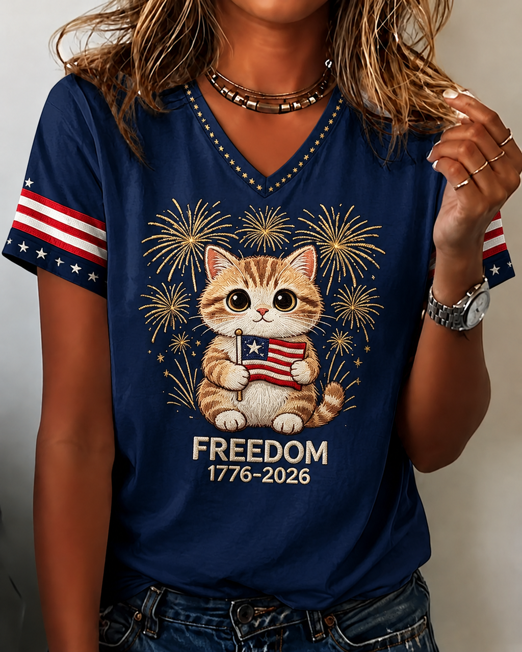 250th Anniversary Cat Fireworks Print V-neck Short Sleeve Tshirt