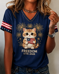250th Anniversary Cat Fireworks Print V-neck Short Sleeve Tshirt