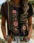 Lace Flowers God's Daughter Print Crew Neck Short Sleeve Tshirt