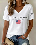 100% Cotton Loves Jesus and America Too V Neck Short Sleeve Tshirt