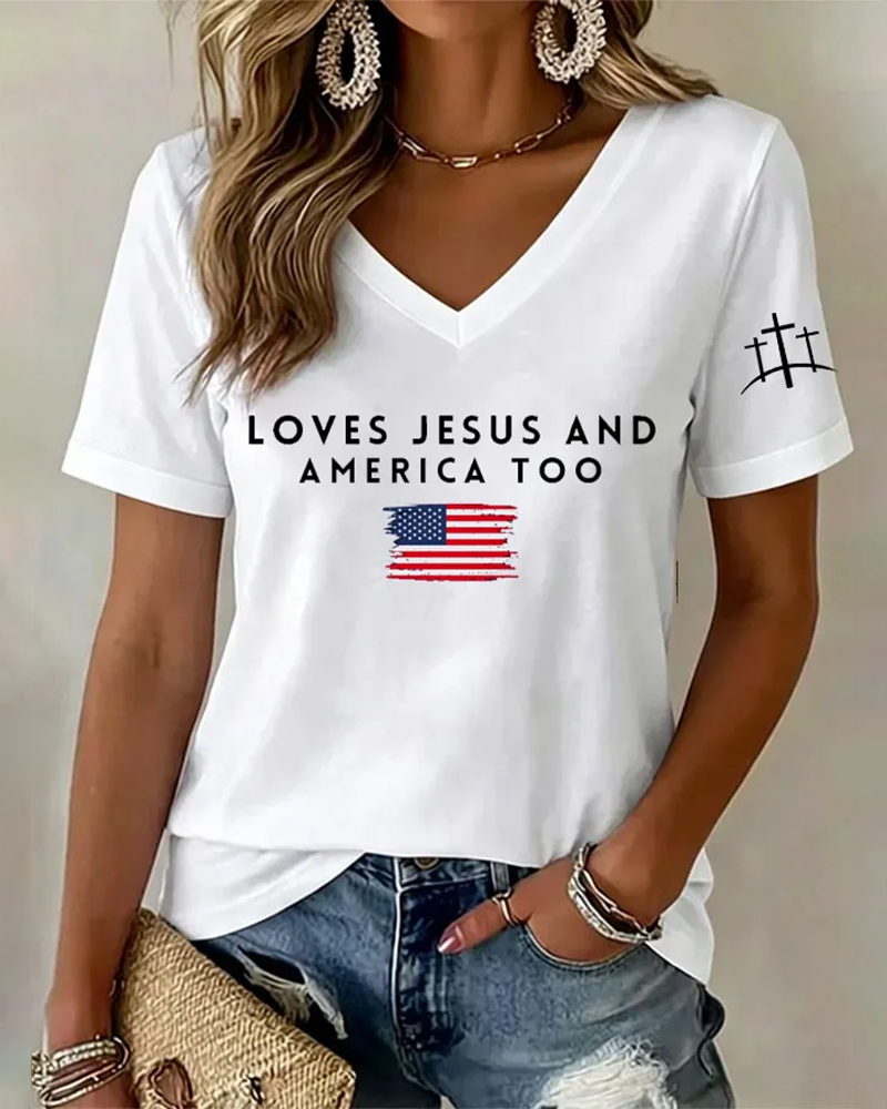 100% Cotton Loves Jesus and America Too V Neck Short Sleeve Tshirt