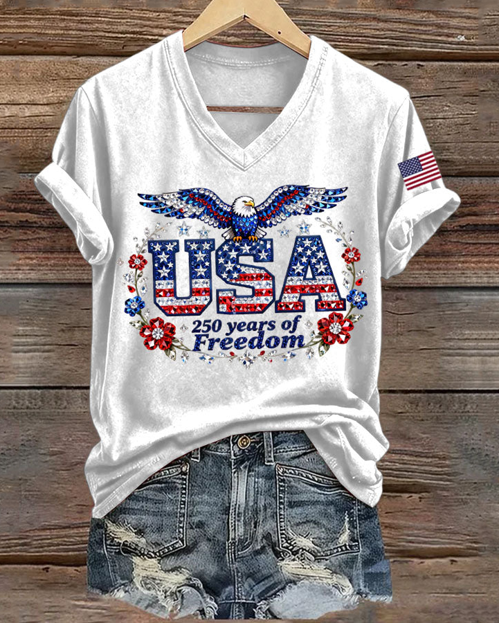 250th Anniversary Eagle Lettering V Neck Short Sleeve Tshirt
