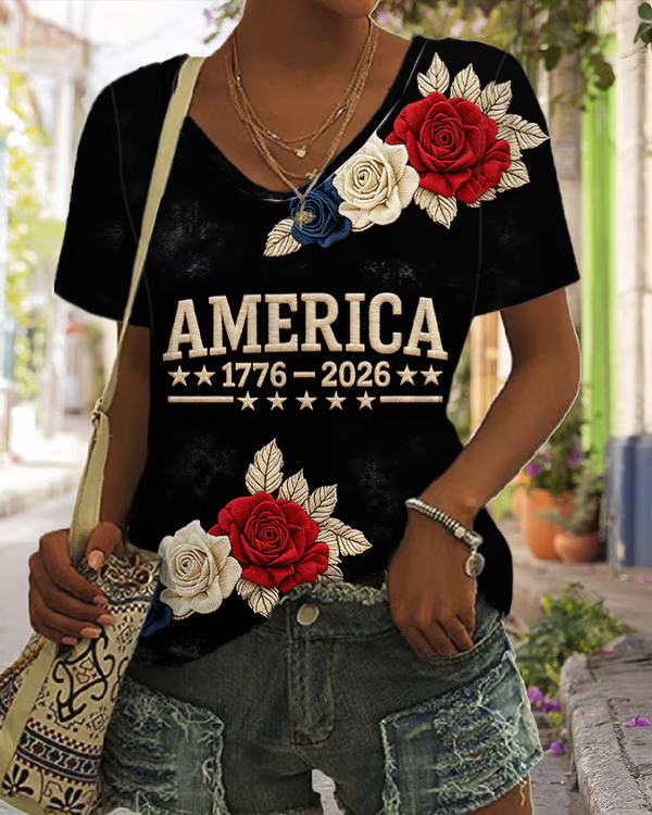 Women'S American 250th Anniversary Print V-neck Short Sleeve Tshirt