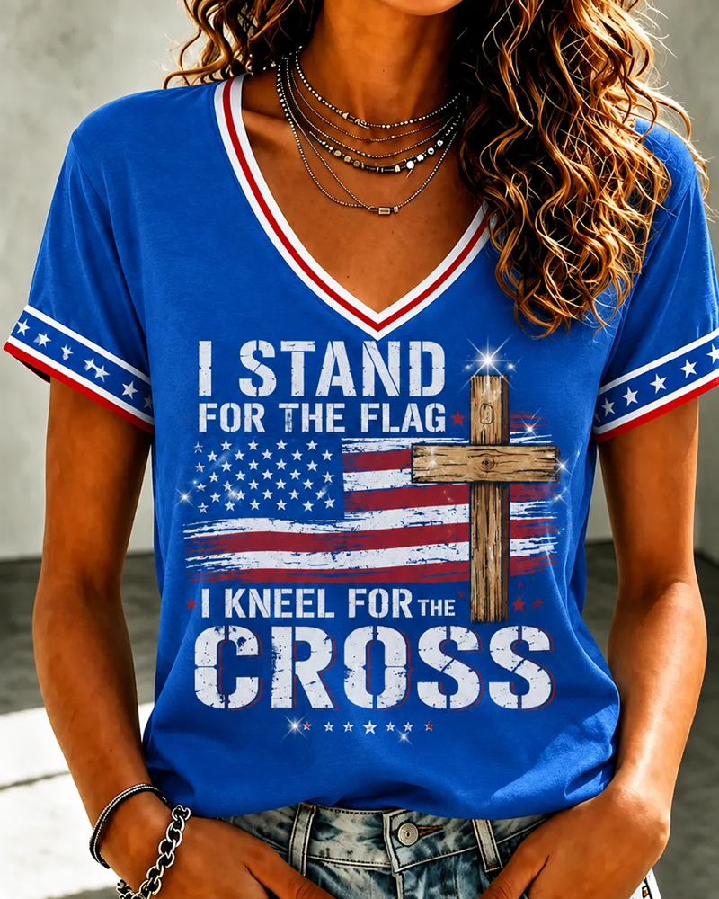 I Kneel for The Cross Print V-neck Short Sleeve Tshirt