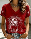 100% Cotton Jesus Portrait Cross Print V Neck Short Sleeve Tshirt