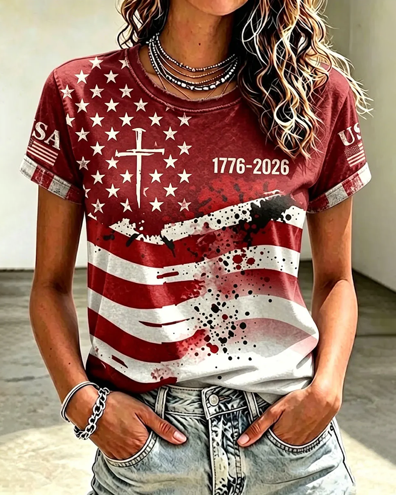 Women's American 250Th Anniversary Cross Print Crew Neck Short Sleeve Tshirt
