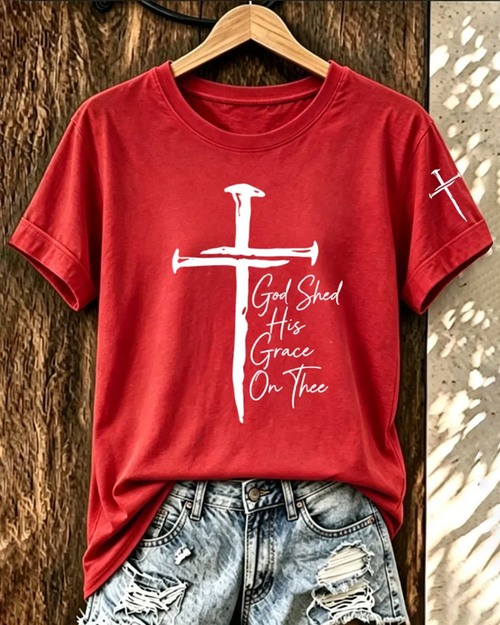 100% Cotton Christian Cross Letter Print Crew Neck Short Sleeve Tshirt
