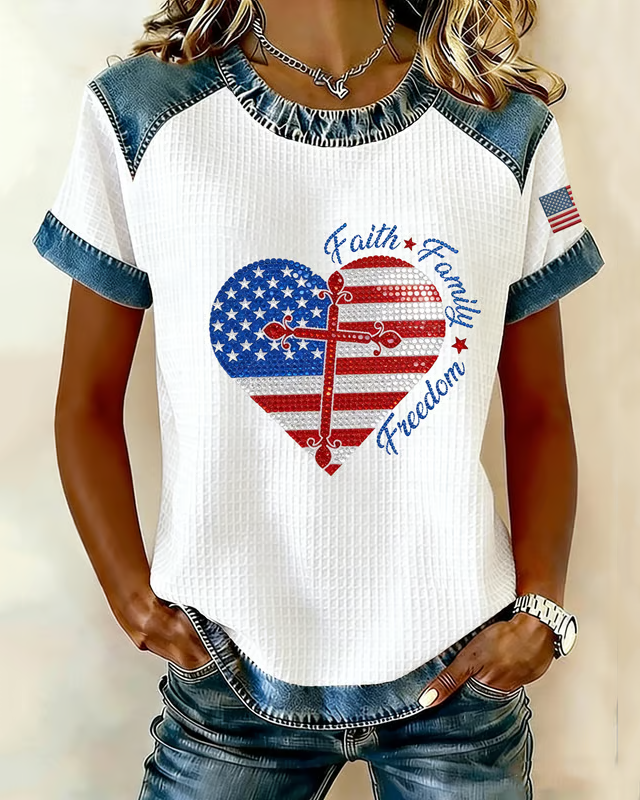 Crew Neck Women's 250th Anniversary American Denim Printed Short-sleeved T-shirt