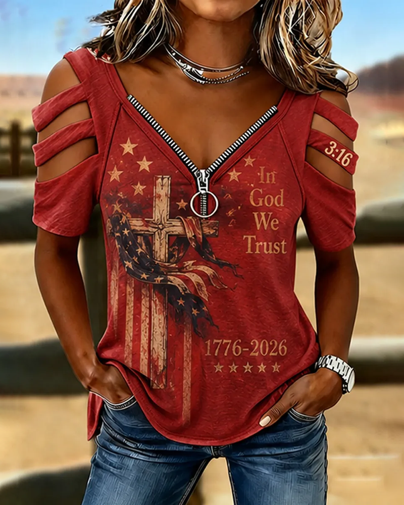 Retro Faith & Flag Print Off-shoulder Zip Neck Short-sleeve Top