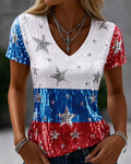 Color-blocked Striped Star Print V-neck Short Sleeve Tshirt