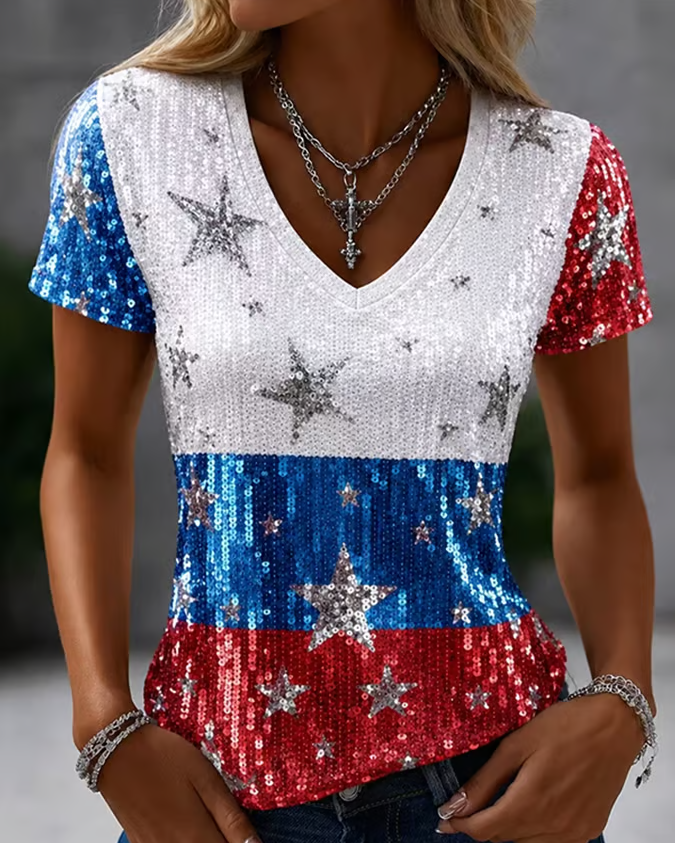 Color-blocked Striped Star Print V-neck Short Sleeve Tshirt