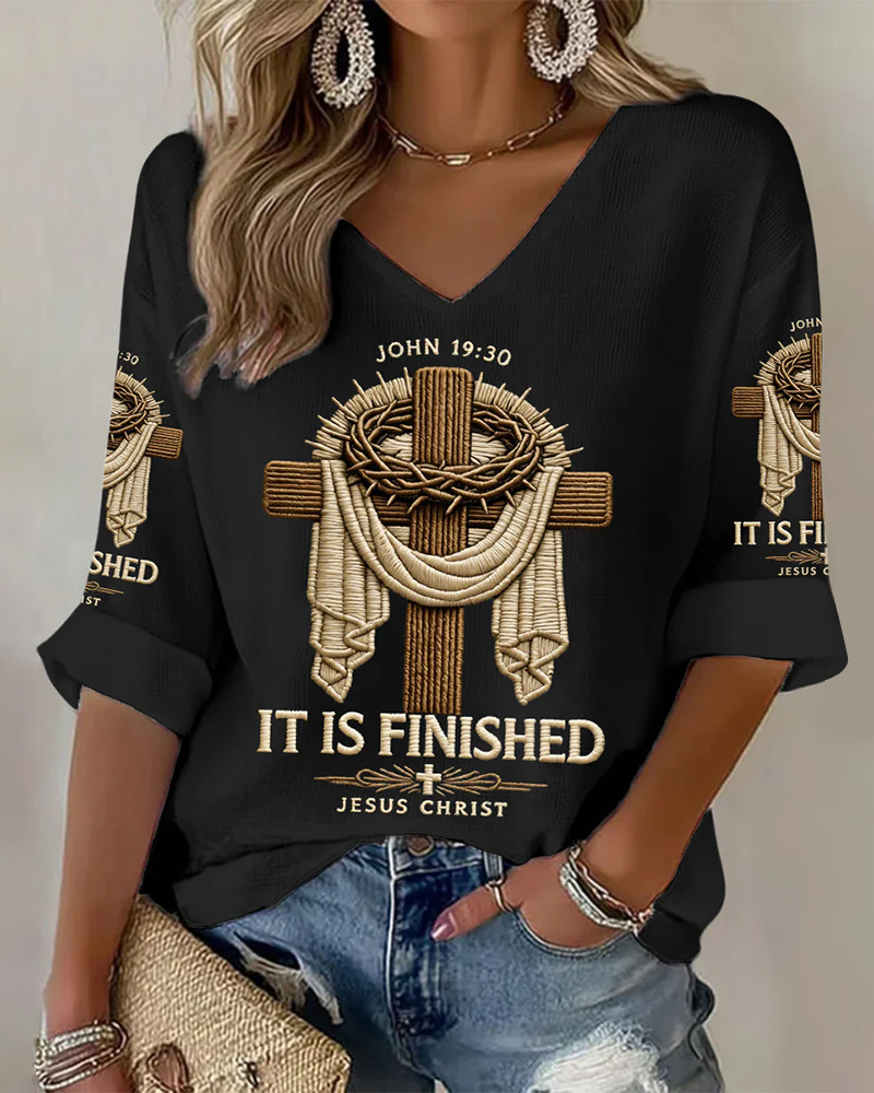 Christian Cross Print V-neck Loose T-shirt