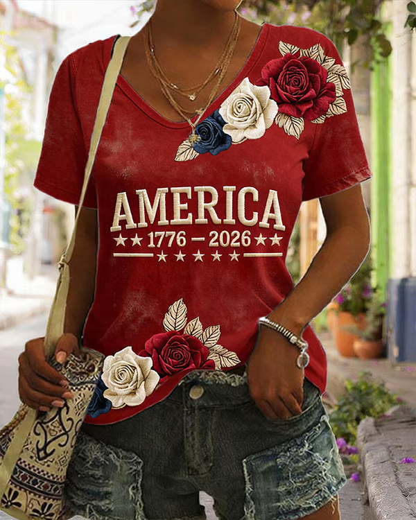 Women'S American 250th Anniversary Print V-neck Short Sleeve Tshirt