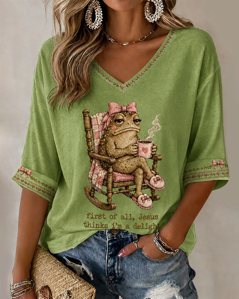 Jesus Thinks I'm A Delight Print V-neck Loose T-shirt
