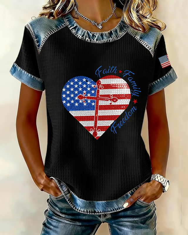 Crew Neck Women's 250th Anniversary American Denim Printed Short-sleeved T-shirt