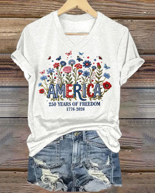 100% Cotton Women's casual retro American 250th Print V-neck Short Sleeve Tshirt