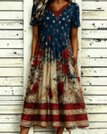American Flag And Floral Art Print Pocket Casual Dress