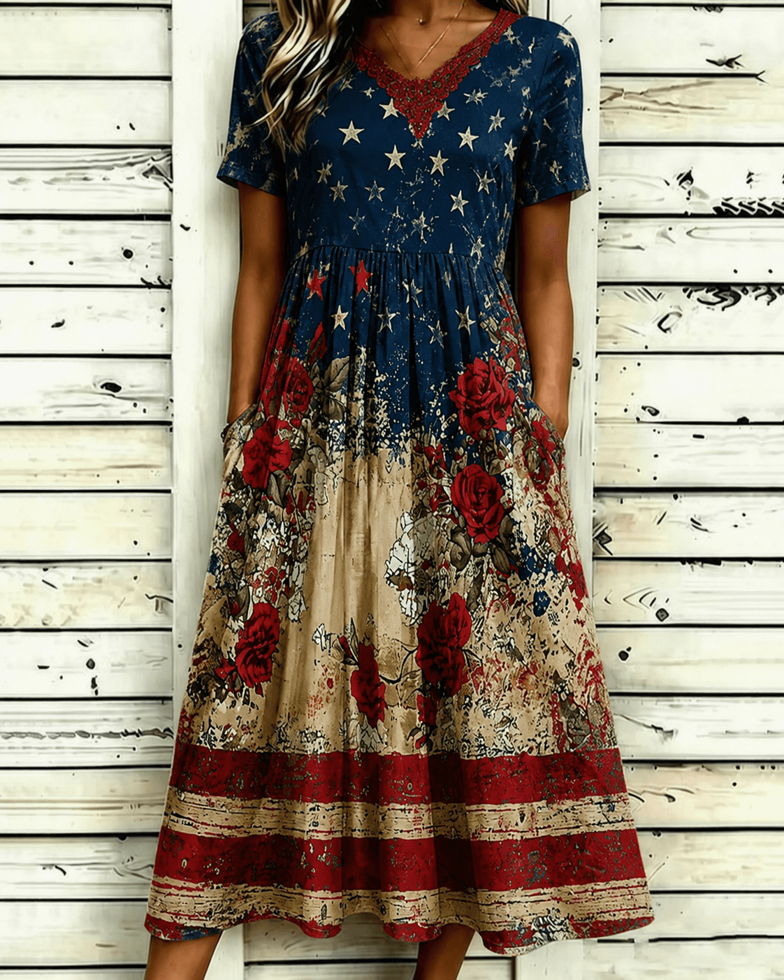 American Flag And Floral Art Print Pocket Casual Dress