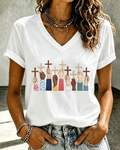 100% Cotton Christian Cross Cartoon Print V Neck Short Sleeve Tshirt