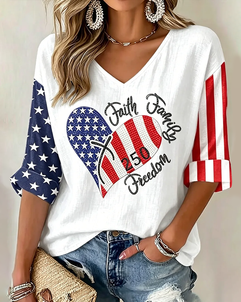 250th Anniversary of The Love and Faith Print V-neck Loose T-shirt