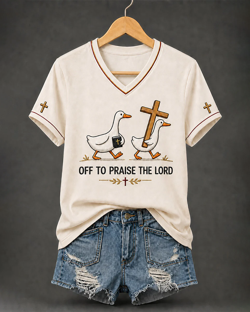 Women's Christian Off To Praise The Lord Print V-neck Short Sleeve Tshirt
