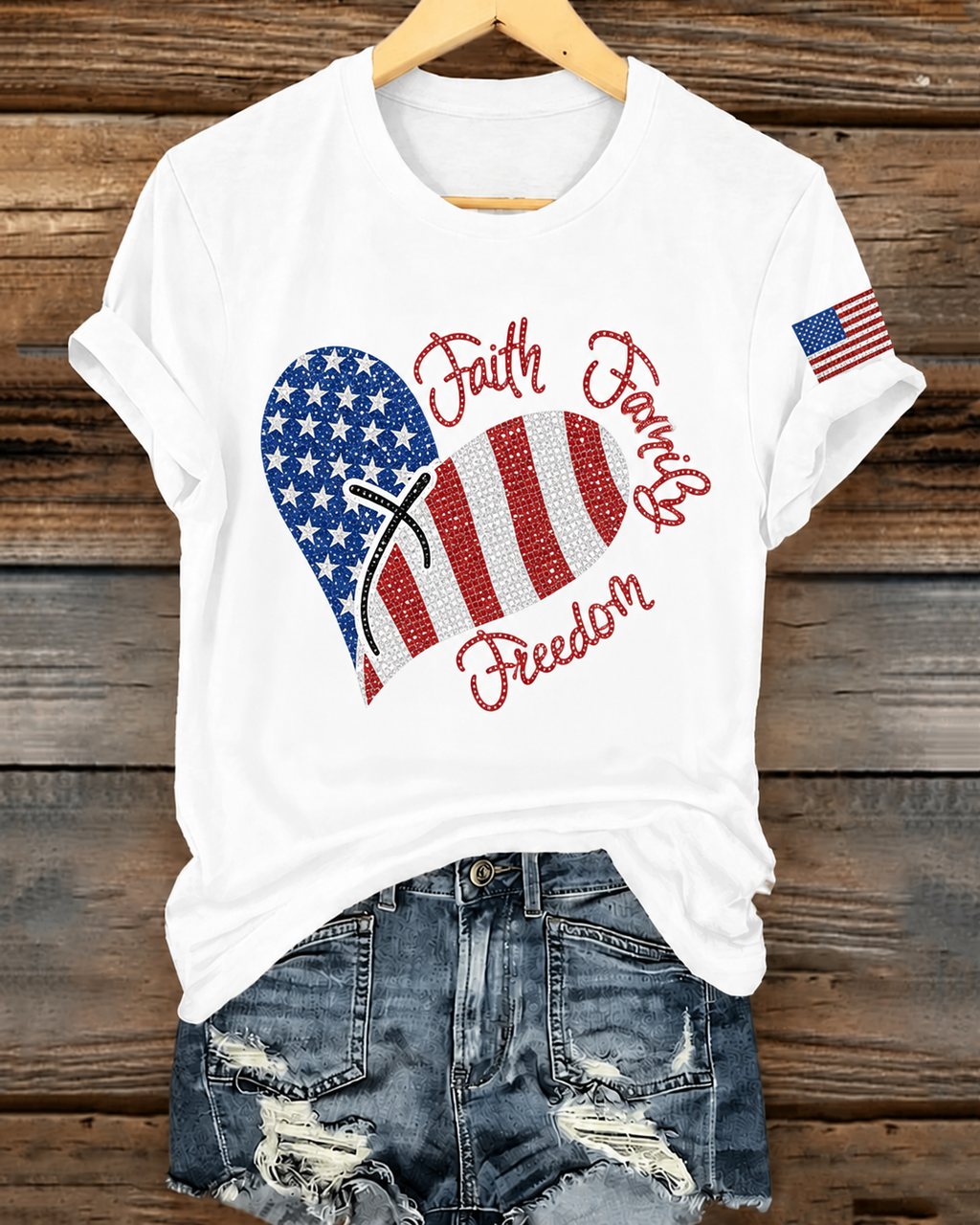100% Cotton Flag Heart & Faith Print Crew Neck Short Sleeve Tshirt