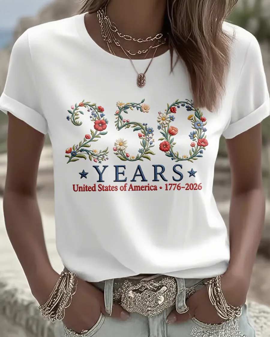 100% Cotton 250 American Embroidered Pattern Print Crew Neck Short Sleeve Tshirt