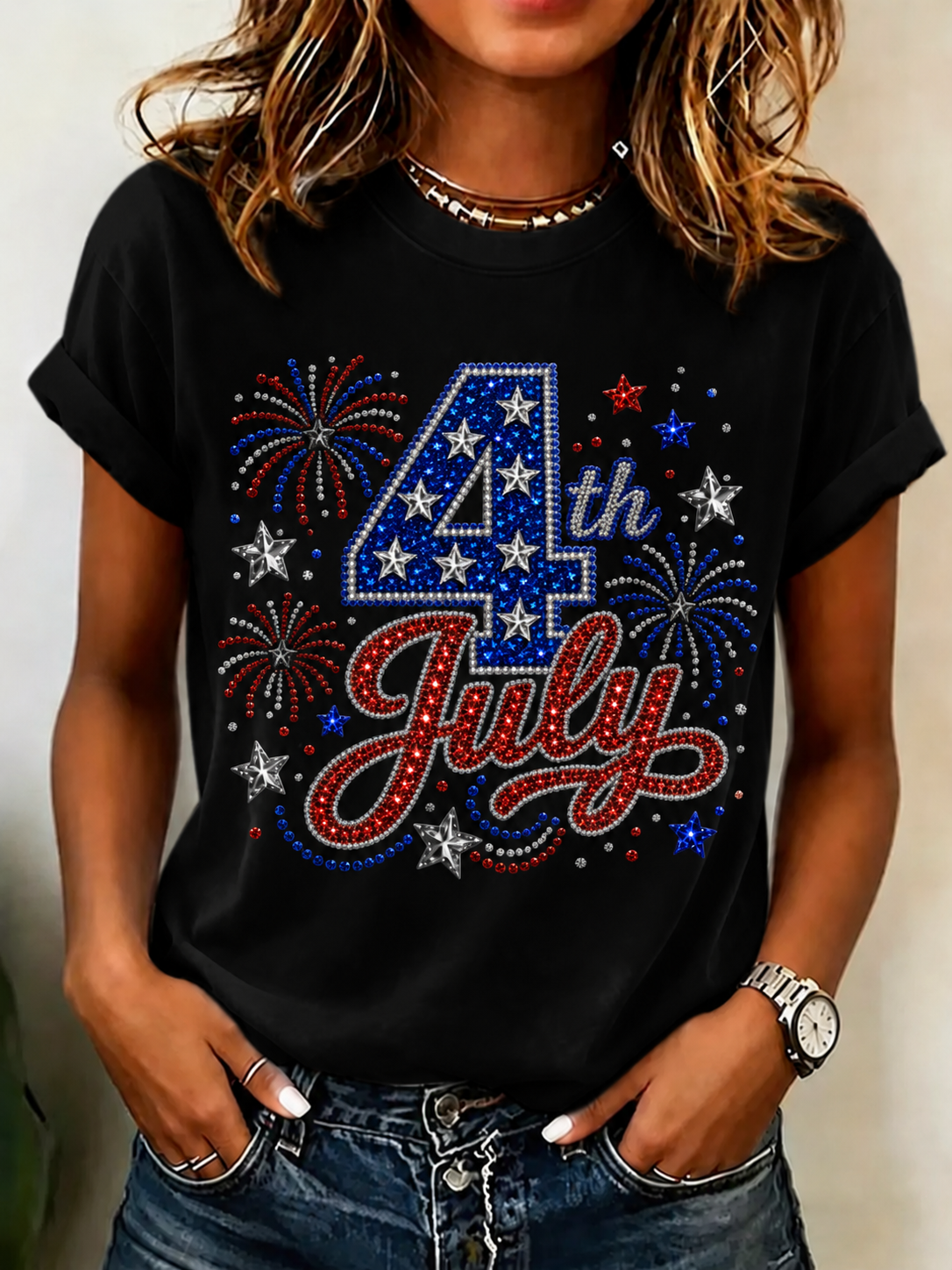100% Cotton 4th of July Rhinestone Patriotic Crew Neck Short Sleeve Tshirt