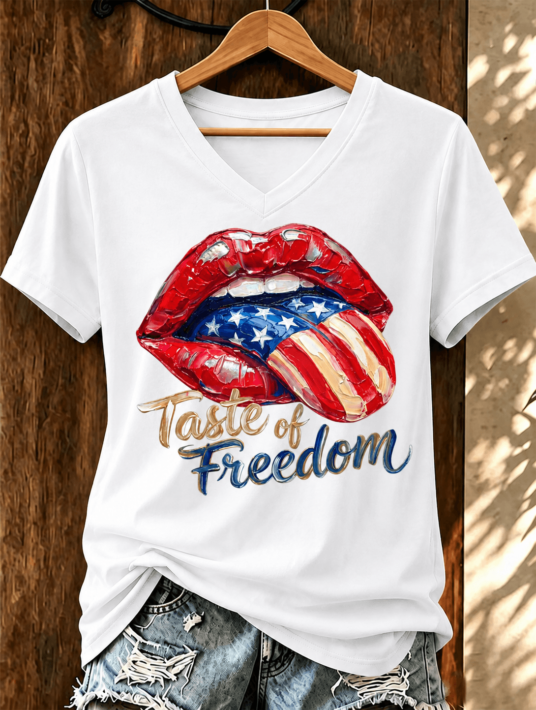 100% Cotton Patriotic Lips American Flag V Neck Short Sleeve Tshirt