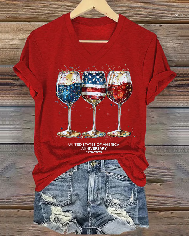 100% Cotton Women's 250th Anniversary Wine Glass Celebration V-neck Short Sleeve Tshirt
