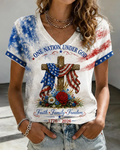 250th Anniversary Flag and Cross Print V-neck Short Sleeve Tshirt