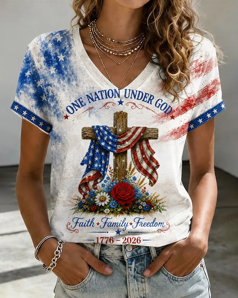 250th Anniversary Flag and Cross Print V-neck Short Sleeve Tshirt