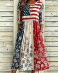 Women's Flag Floral Print Pocket Casual Dress
