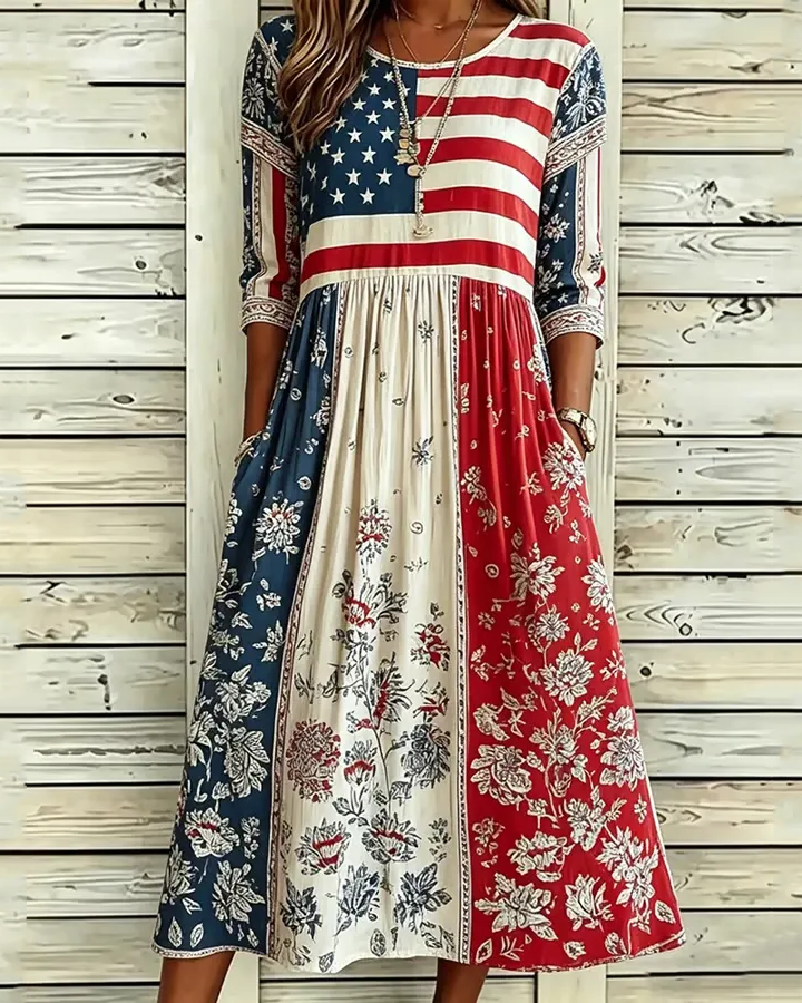 Women's Flag Floral Print Pocket Casual Dress