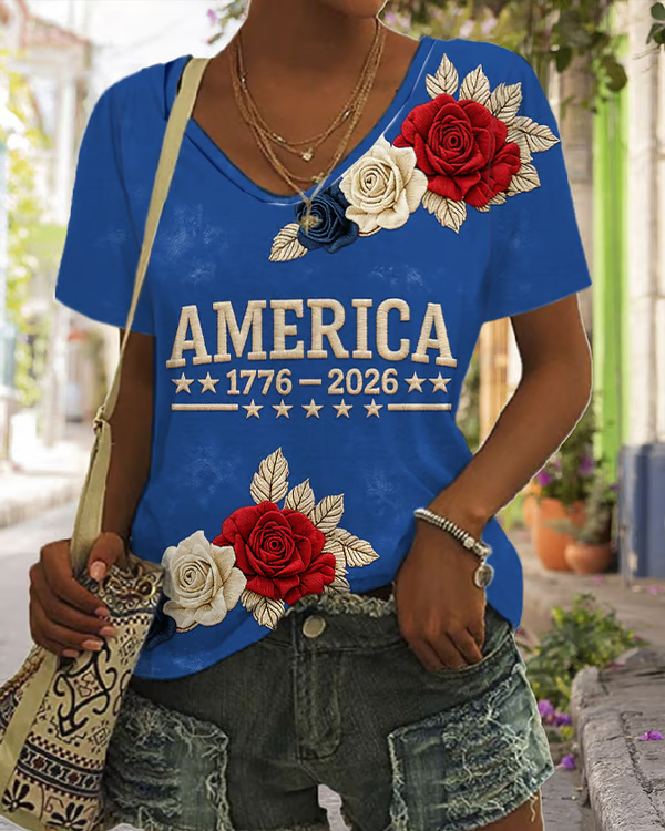 Women'S American 250th Anniversary Print V-neck Short Sleeve Tshirt