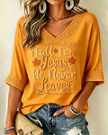Retro Fall for Jesus Print V-neck Loose T-shirt