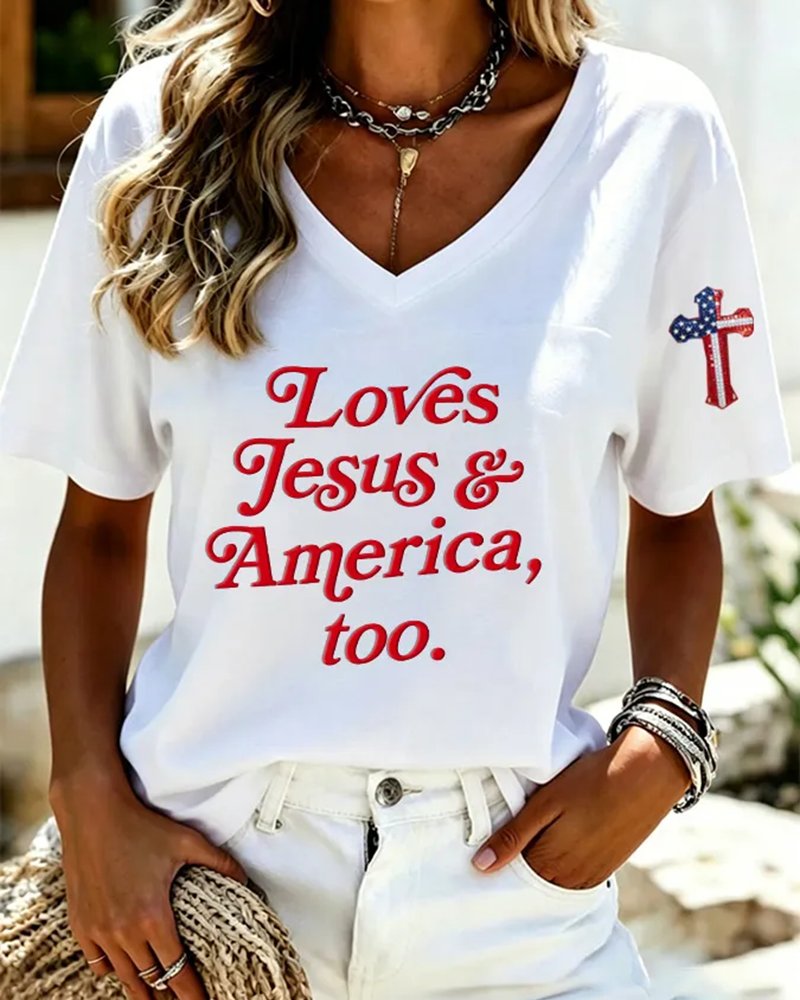 100% Cotton Loves Jesus and America V Neck Short Sleeve Tshirt