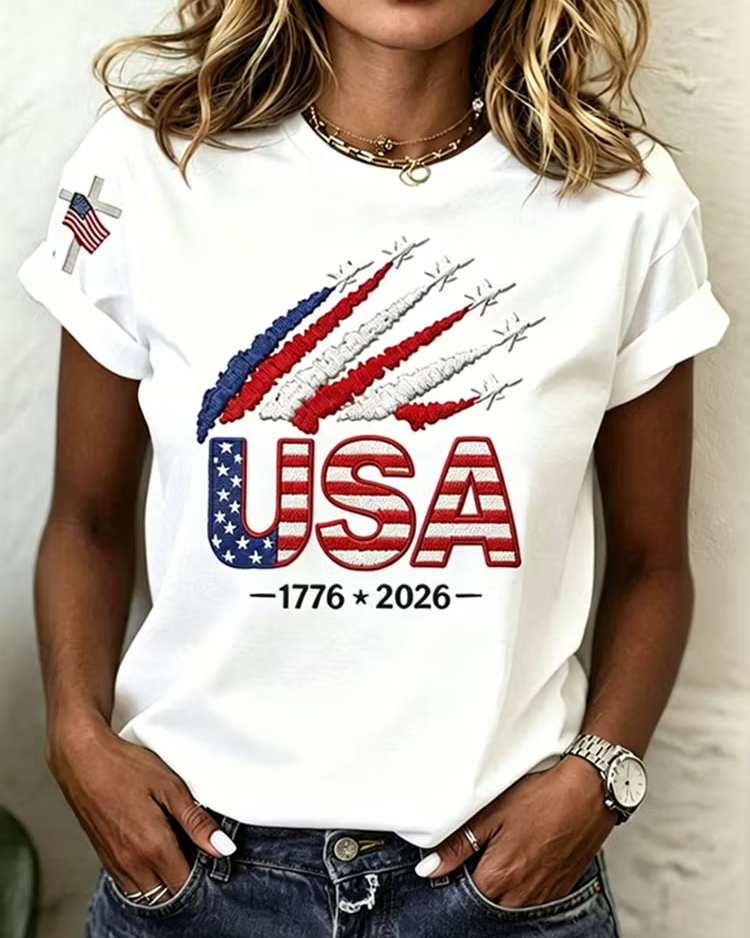 Women’s Usa Anniversary Print Crew Neck Short Sleeve Tshirt