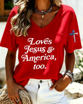 100% Cotton Loves Jesus and America V Neck Short Sleeve Tshirt
