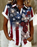 Flag with Silver Stars and Roses Print Lapel Button-Down Short-Sleeved Shirt