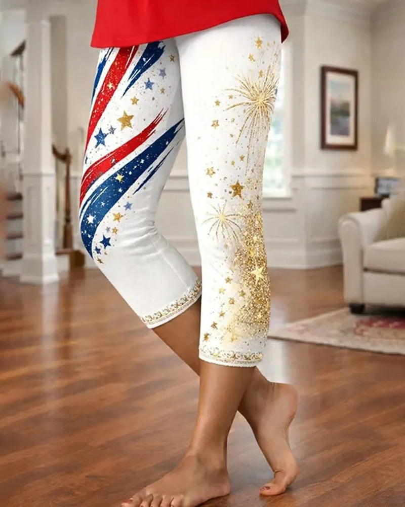 White Bottom Red Blue Gold Glitter Fireworks Star-Strip Elemental Printed Stretch Cropped Tights