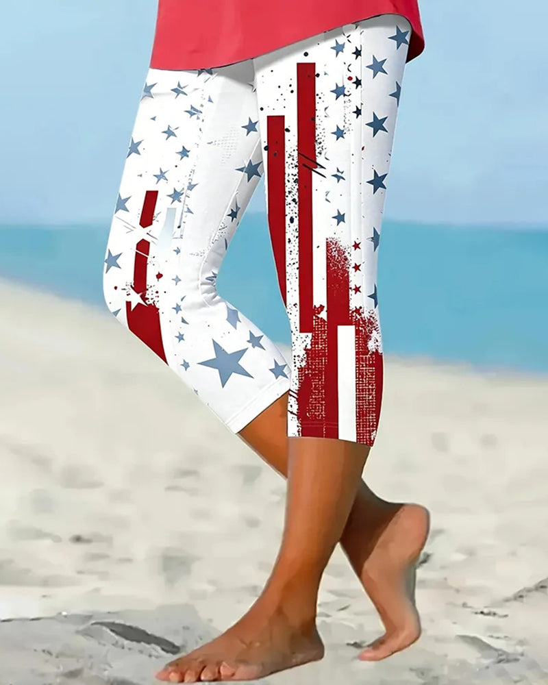 Red And Blue Gradient Flash Diamond Butterfly Rose Cross Printed Stretch Cropped Leggings
