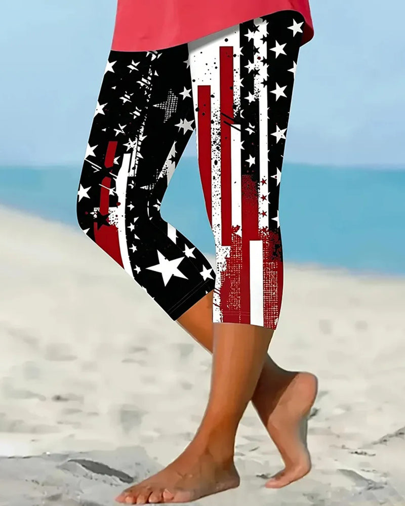Red And Blue Gradient Flash Diamond Butterfly Rose Cross Printed Stretch Cropped Leggings