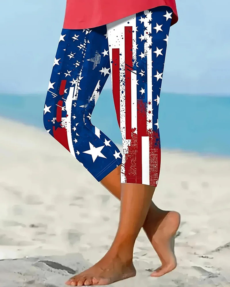 Red And Blue Gradient Flash Diamond Butterfly Rose Cross Printed Stretch Cropped Leggings