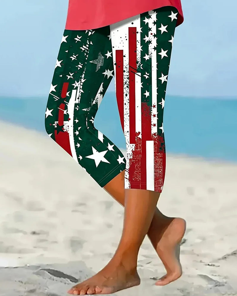 Red And Blue Gradient Flash Diamond Butterfly Rose Cross Printed Stretch Cropped Leggings