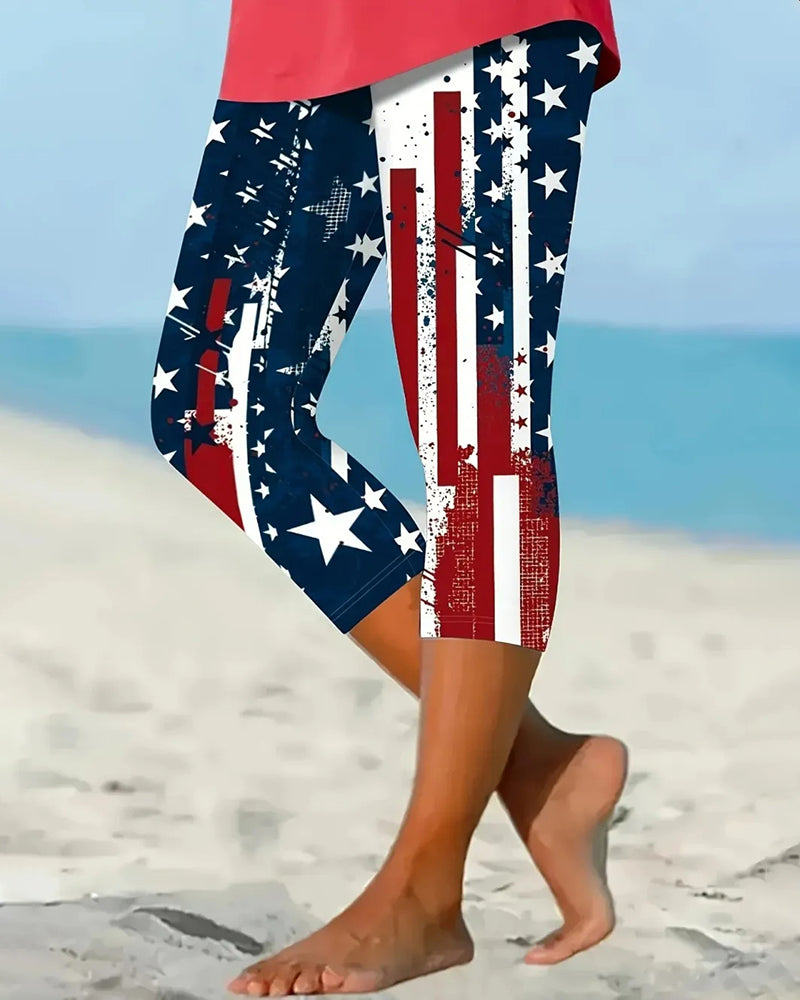 Red And Blue Gradient Flash Diamond Butterfly Rose Cross Printed Stretch Cropped Leggings