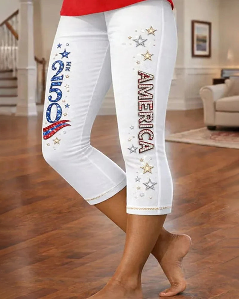 250th Anniversary AMERICA Letter And Five-Pointed Star Print Stretch Cropped Leggings