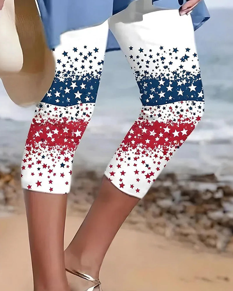 Red White Blue Gradient Full Print Five-pointed Star Print Casual Stretch Cropped Pants Tight Pants