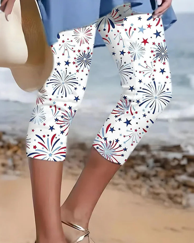 White Color Fireworks Star Print Independence Day Theme Stretch Cropped Tights